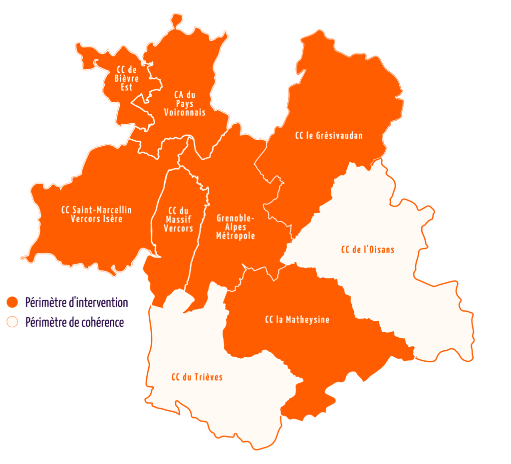 Une carte avec 9 zones. CC de Bièvre est, CA du Pays Voironnais, CC Saint-Marcellin Vercors Isère, CC du Massif Vercors, Grenoble-Alpes Métropole, CC le Grésivaudan et CC la Mathesyne sont oranges et correspondent à la légende du périmètre d'intervention. CC du Trièves et CC de l'Oisans sont en blanc et correspondent à la légende Périmètre de cohérence. - Agrandir l'image, fenêtre modale
